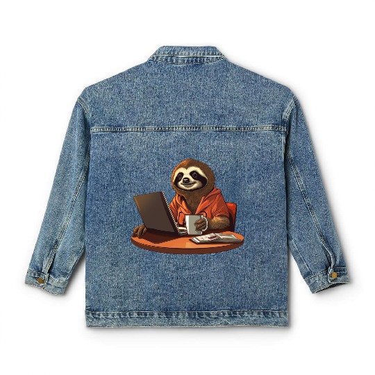 Sloth CEO - Relaxed Chief with Coffee and Laptop Classic Women's Denim Jackets