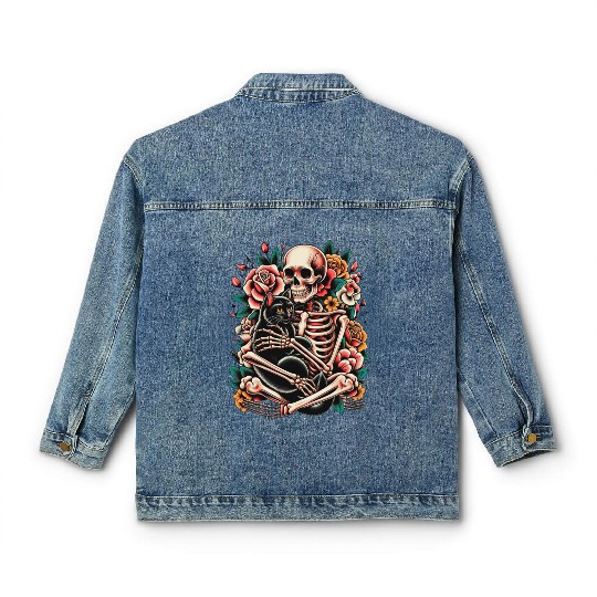 Skeleton Black Cat Floral Old School Vintage Classic Women's Denim Jackets