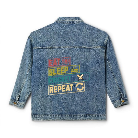 Eat sleep cricket repeat hobby Classic Women's Denim Jackets
