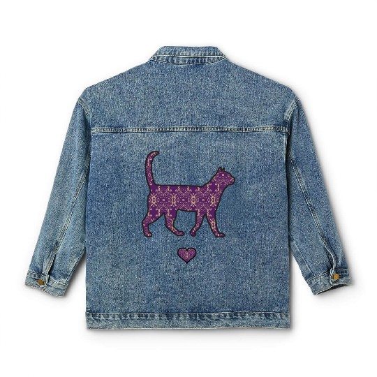 Purple Cat Damask Style Love Heart Cute Silhouette Classic Women's Denim Jackets