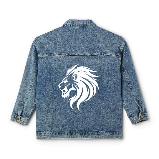 Angry Lion Head Tattoo Style Waving Mane Classic Women's Denim Jackets