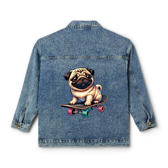 Skateboarding Pug, Dog Skateboarder Classic Women's Denim Jackets