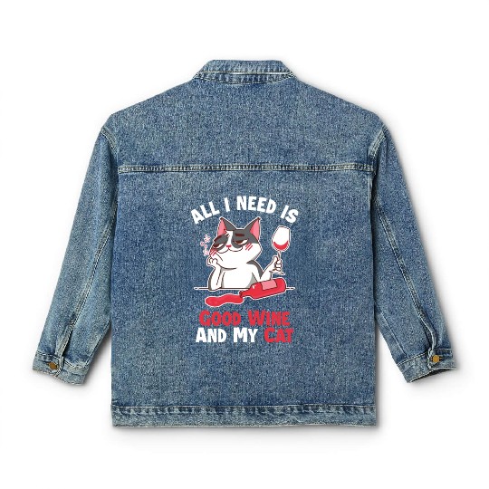 Good Wine and my Cat Cat Mom Cat Lovers Cat Daddy Classic Women's Denim Jackets