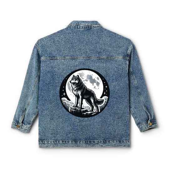 Majestic Moonlit Wolf Illustration Classic Women's Denim Jackets