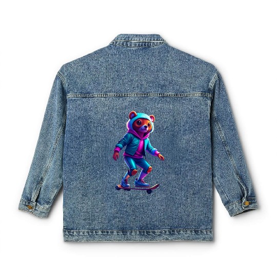 Cartoon Bear Skateboard Classic Women's Denim Jackets: Playful and Fun