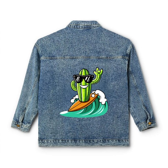 Surfing Cactus with Sunglasses Unique Funny Classic Women's Denim Jackets