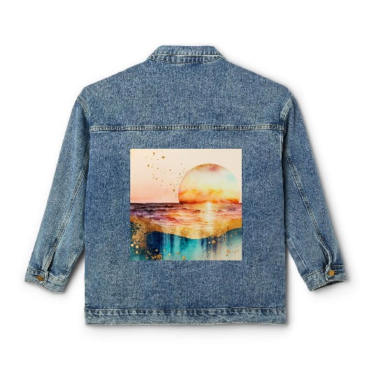 Sunset Beach Watercolor Painting Classic Women's Denim Jackets