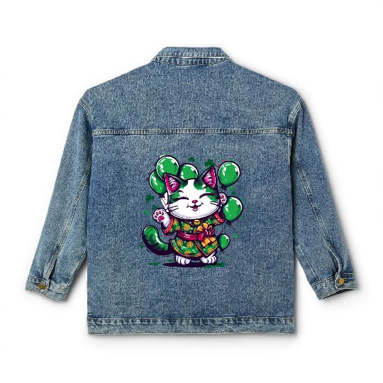 Kawaii St Patricks Day Cat With Balloons Classic Women's Denim Jackets