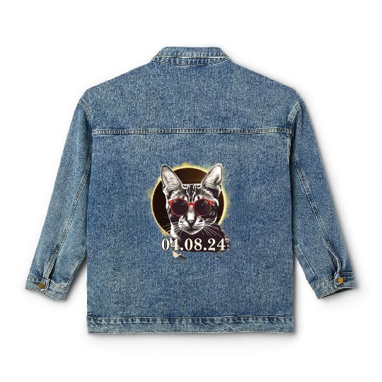 Total Solar Eclipse 2024 Cool Cat Lunar Path Of Classic Women's Denim Jackets
