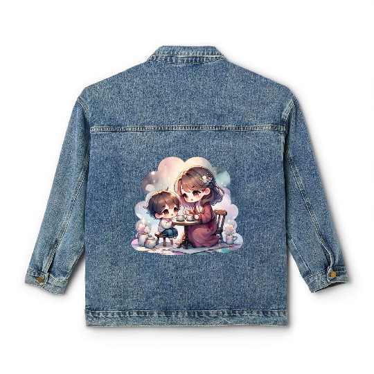 Mother and Son Enjoying a Cozy Tea Party Classic Women's Denim Jackets