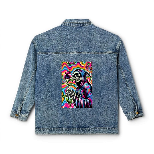 Psychedelic Grim Reaper Holding Sweet Pea Flower Classic Women's Denim Jackets