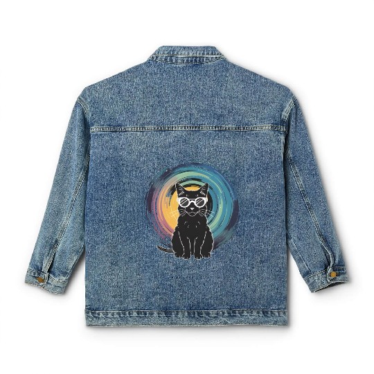 Solar Eclipse 2024 Cat Wearing Glasses Classic Women's Denim Jackets
