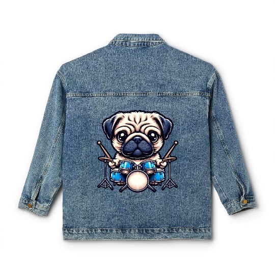 Cool Pug Drummer Puppy Beats Design Classic Women's Denim Jackets