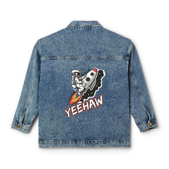 Space Cowboy Riding a Rocket with Yeehaw Slogan Classic Women's Denim Jackets