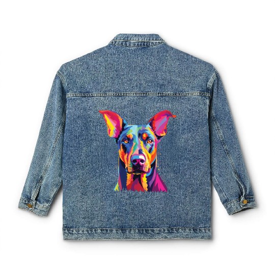 Watercolor Colorful Doberman Pinscher Classic Women's Denim Jackets