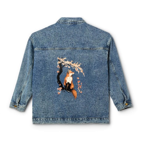 Fox & Sakura: Wildlife and Spring Scenery Cherry Classic Women's Denim Jackets