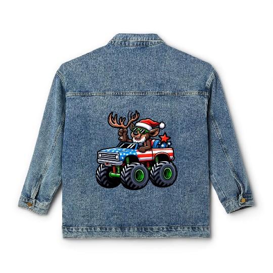 Reindeer Riding Monster Truck 4th Of July Independ Classic Women's Denim Jackets