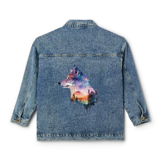 Wolf Print, Cosmic Wolves, Animal Print, Cosmos Classic Women's Denim Jackets