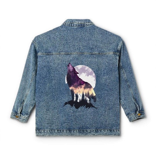 Wolf Print, Cosmic Wolves, Animal Print, Cosmos Classic Women's Denim Jackets