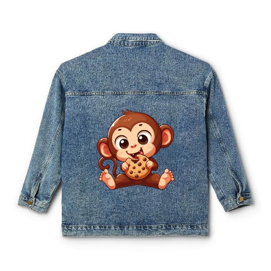 Cute Chimpanzee with Cookie Cartoon Classic Women's Denim Jackets