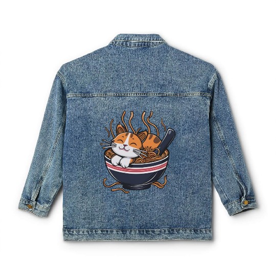 Kawaii Otaku cat Ramen Bowl Japanese Noodles Lover Classic Women's Denim Jackets