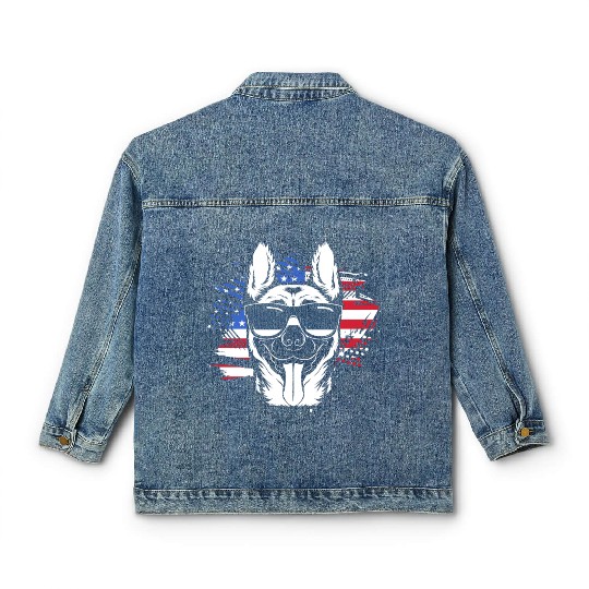 US Flag Belgian Malinois Wearing Sunglasses Classic Women's Denim Jackets