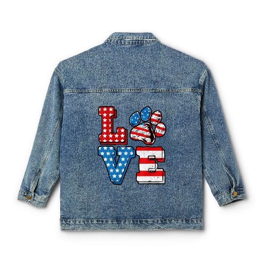US Flag Patriotic Dog Cat Paw Print 4th Of July Classic Women's Denim Jackets