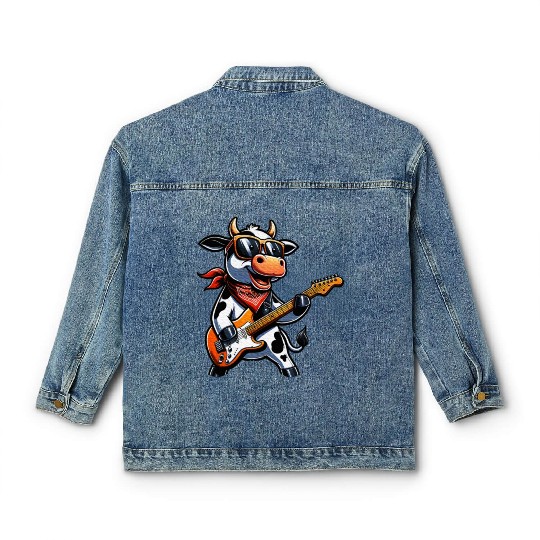 Cute Cow Playing Guitar Cows Musician Music Classic Women's Denim Jackets