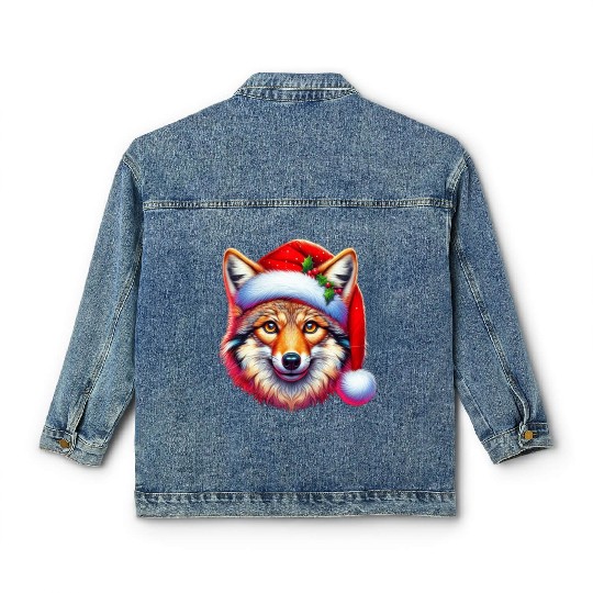 Christmas Coyote Art Red Santa hat Animal Lovers Classic Women's Denim Jackets