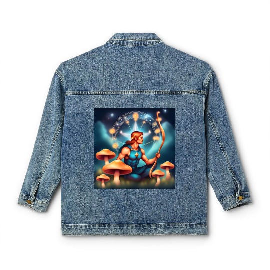 Sagittarius zodiac sign with mushrooms Classic Women's Denim Jackets