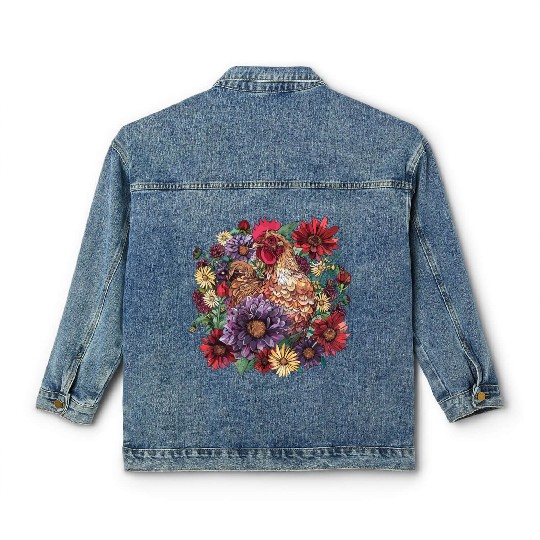 Chicken Surrounded by Vibrant Blooms Classic Women's Denim Jackets