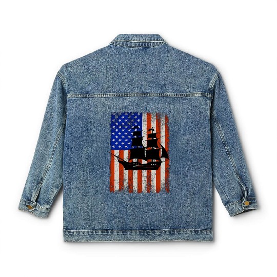 Stars, Stripes & Pirate Ship American Flag Classic Women's Denim Jackets