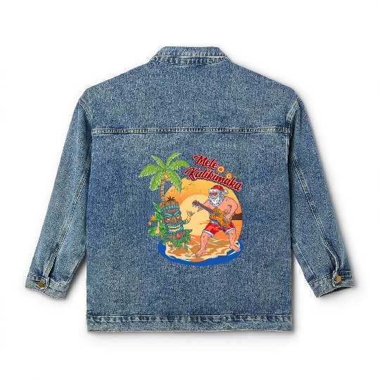 Mele Kalikimaka Funny Santa Playing Guitar Hawaii Classic Women's Denim Jackets