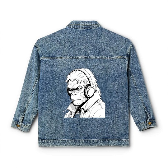 Gorilla wearing a headphones Classic Women's Denim Jackets