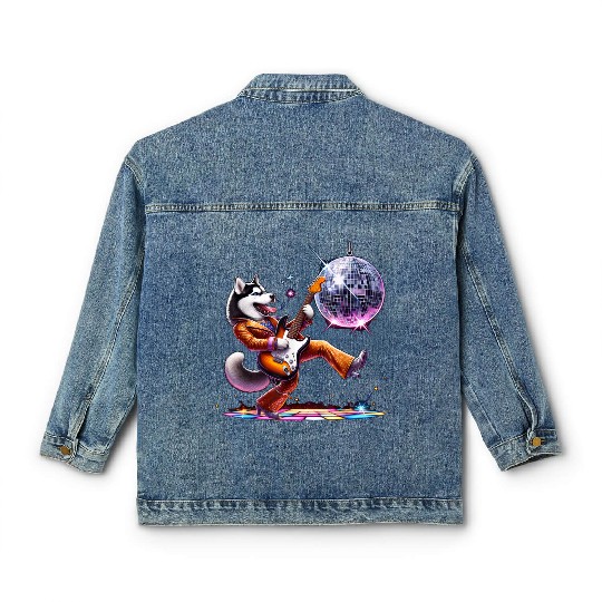 Disco Guitar Husky dog Classic Women's Denim Jackets