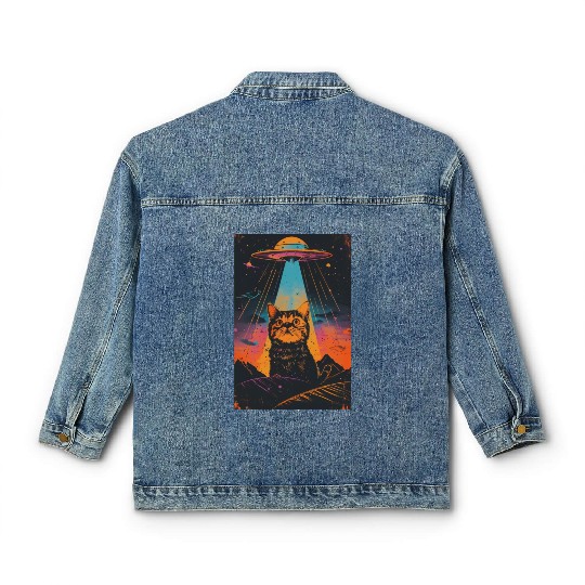 Catzilla Vintage Funny Cute Cat Art Alien and Cat Classic Women's Denim Jackets