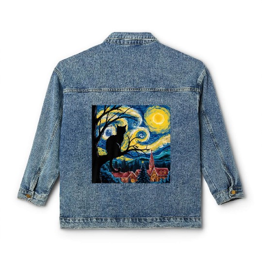 Starry Night Cat Art Premium Classic Women's Denim Jackets