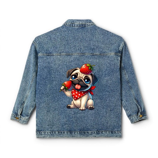 Quirky Dog Pug with Strawberry on Head Fruity Classic Women's Denim Jackets