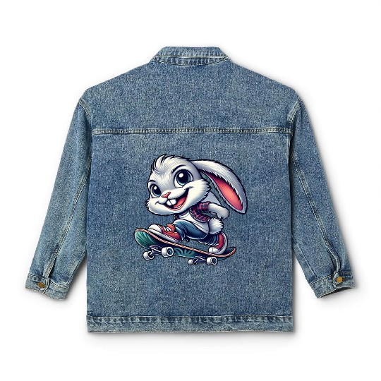 White rabbit skateboard skateboarder funny bunny Classic Women's Denim Jackets