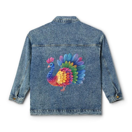 Turkey Rainbow Illustration Farm Animal Farmer Classic Women's Denim Jackets