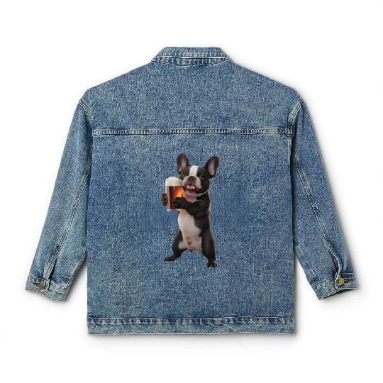 Frenchie Drinking Beer Realistic Classic Women's Denim Jackets