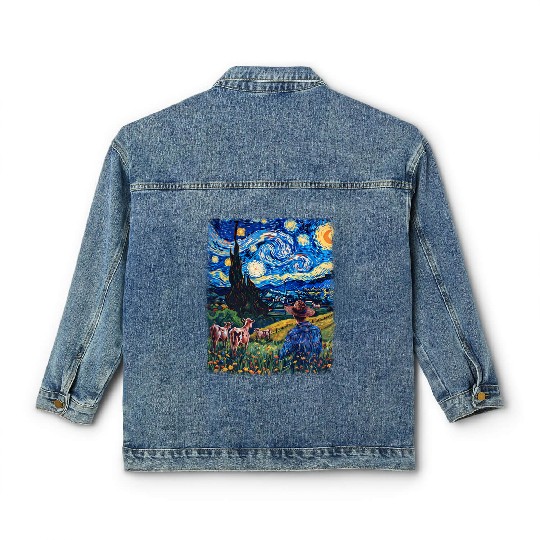 Cow Farmer Farming Farm Starry Night Painting Classic Women's Denim Jackets
