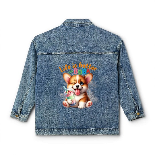Corgi with BOBA tea Milk TEA Bubble tea Classic Women's Denim Jackets