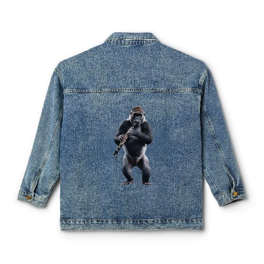 Gorilla Playing Clarinet Realistic Classic Women's Denim Jackets