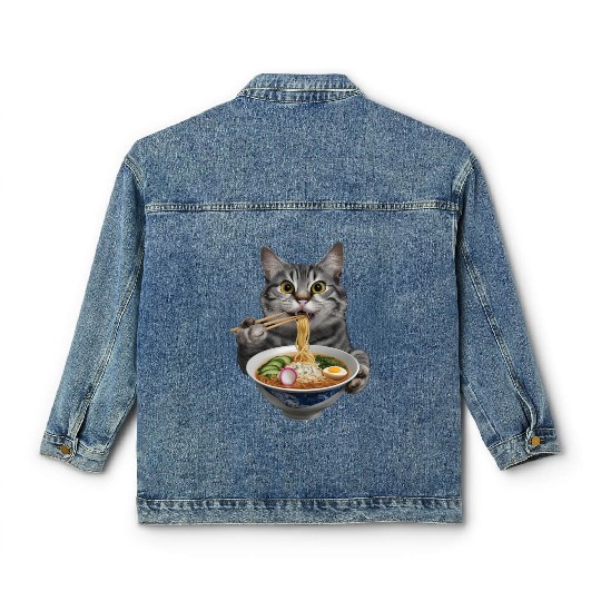 Cat Eating Ramen Realistic Classic Women's Denim Jackets