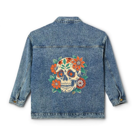 Vintage Retro Halloween Sugar Skull with floral Classic Women's Denim Jackets