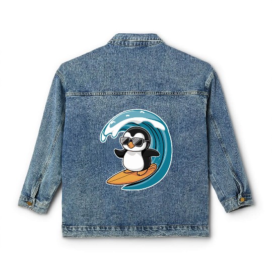 Cool Surfing Penguin Riding the Waves Classic Women's Denim Jackets
