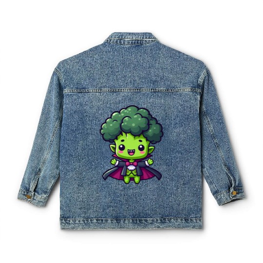 Cute Halloween Broccoli Vampire Cartoon Green Classic Women's Denim Jackets