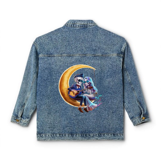 Skeleton Playing Guitar with Girlfriend on Moon Classic Women's Denim Jackets