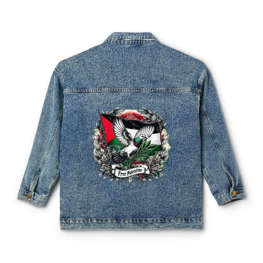 Pigeon holding olive's leaf free Palestine Flag Classic Women's Denim Jackets